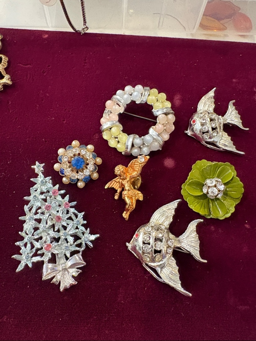 Vintage Mixed Costume Brooch Lot - Floral, Fish, Cherub